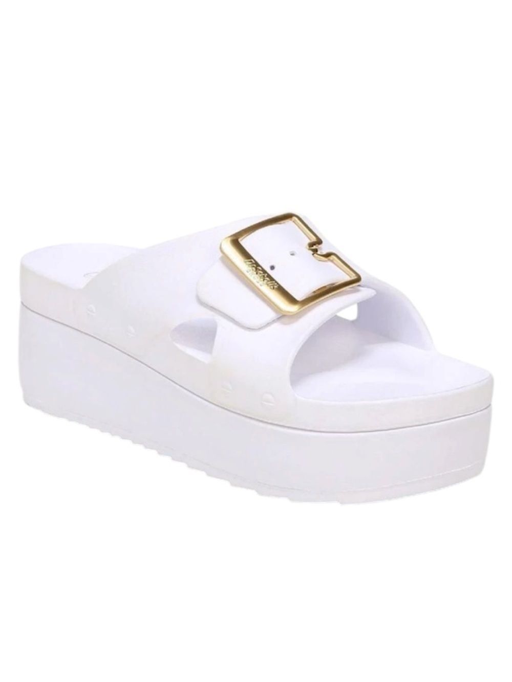 Dr. Scholl's Orig. Goals Buckle Faux Leather Wedge Sandals, White, Size 10, NWOT
